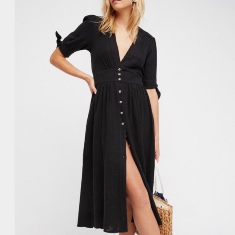 Free People Love of My Life Black Dress V Neck Short Sleeve Button Up Midi Small